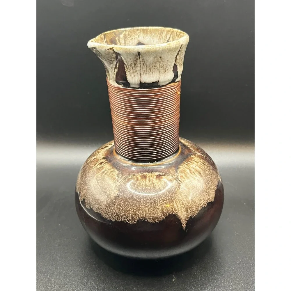 Drip Glaze Vase Brown Ceramic Bud Vase Neck Wrapped in‎ Cord Pouring Spout 6